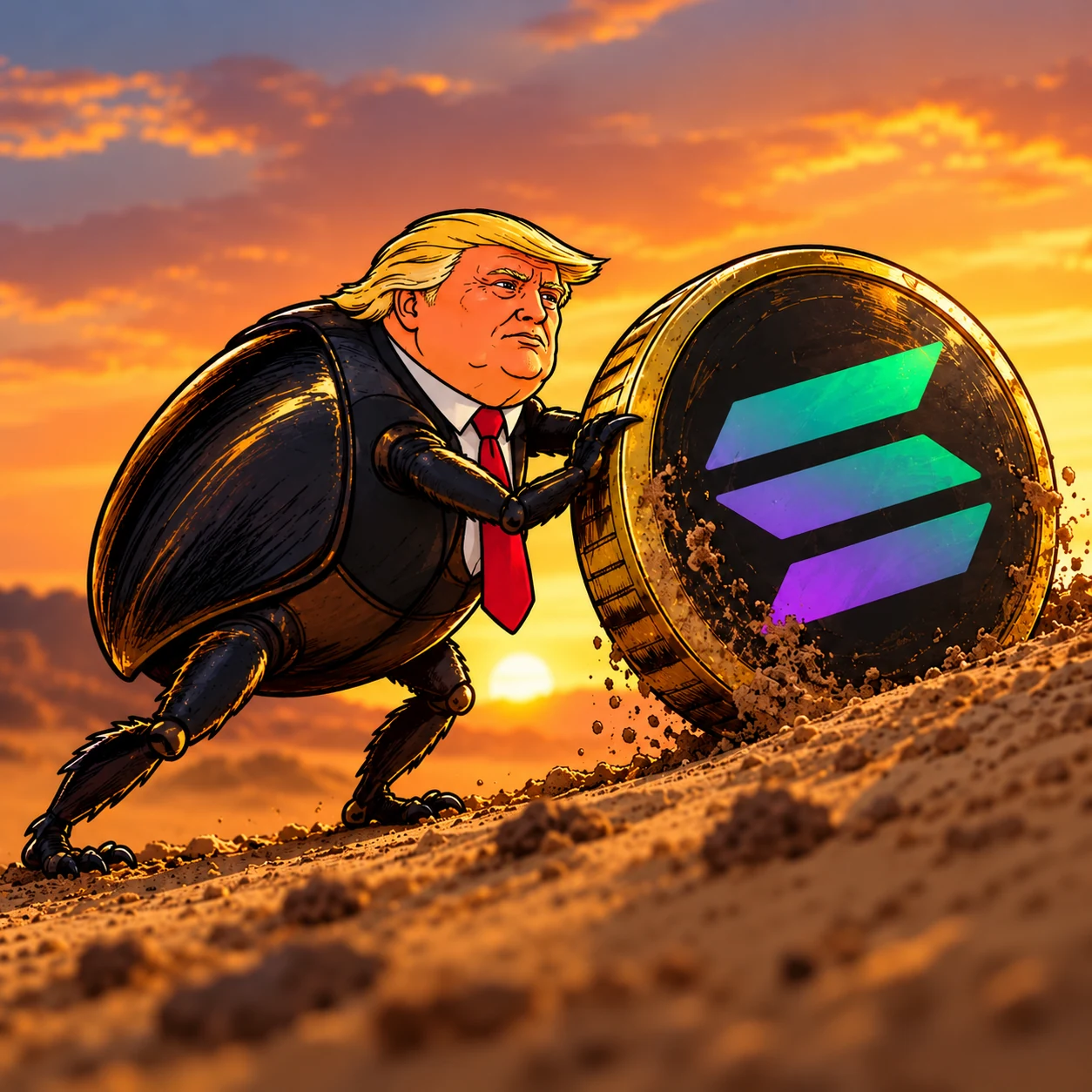 Trump-inspired beetle pushing a Solana coin in a blazing sunset