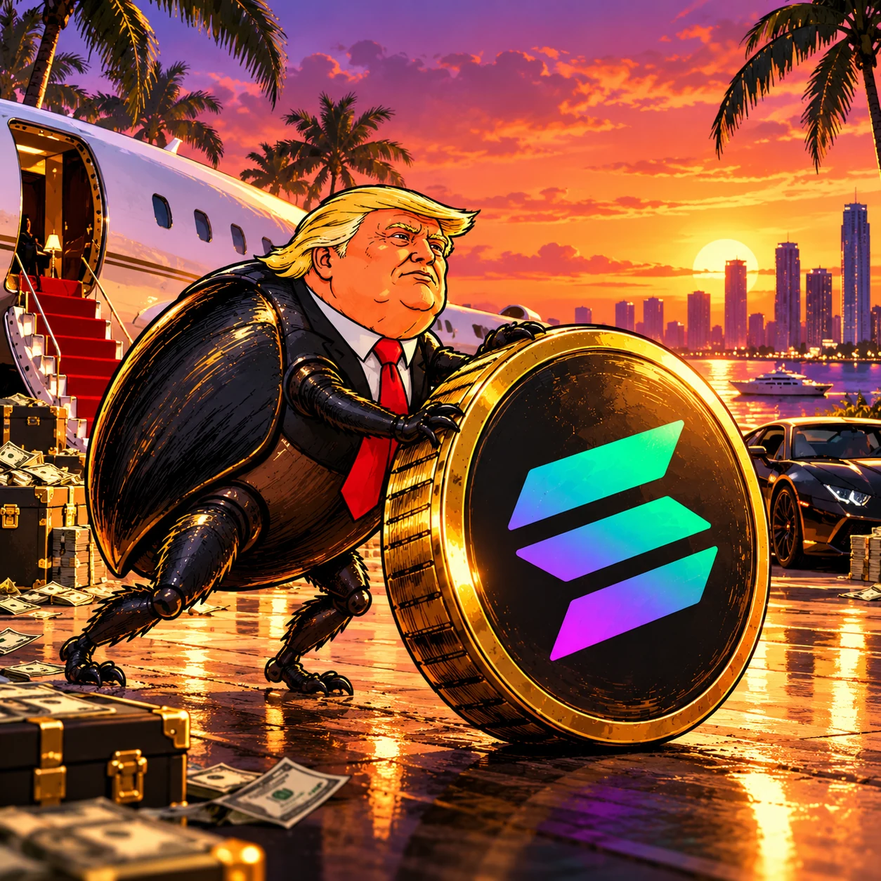 Trump-inspired beetle with a Solana coin near a jet and tropical waterfront at sunset