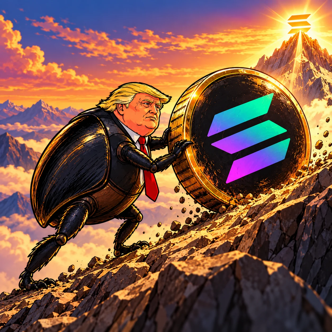 Trump-inspired beetle pushing a giant Solana coin toward a glowing mountain summit