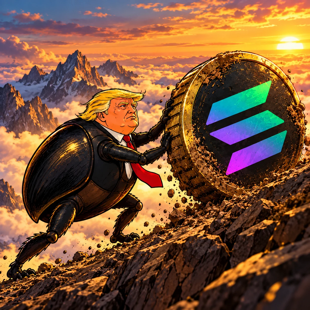 The beetle and its Solana coin ascending a rocky mountainside at sunset